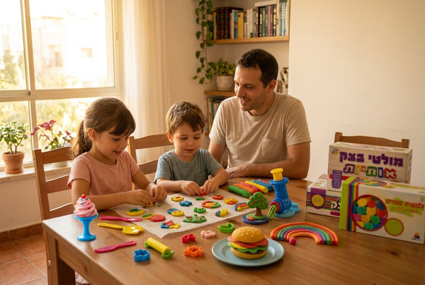 ילדים ישראלים משחקים בבצק יצירה ליד שולחן בבית באוגוסט