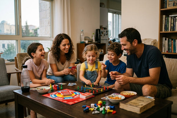 משפחה ישראלית משחקת יחד בערב משחקים משפחתי בסלון