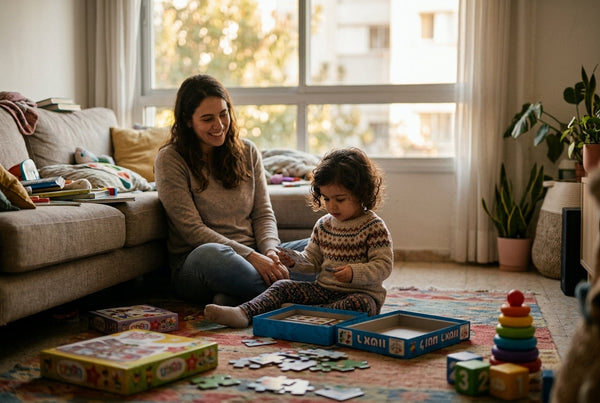 ילד בן 3 משחק במתנה חדשה בסלון עם הורה לידו