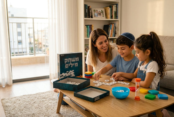 הורה ושני ילדים משחקים יחד במשחק מילים בעברית בסלון