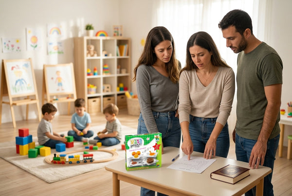 הורים בוועד הגן מתכננים מתנות שנתיות ליד שולחן בגן