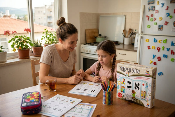 הורה וילד מתכוננים לכיתה א עם חוברת ומשחקים בבית