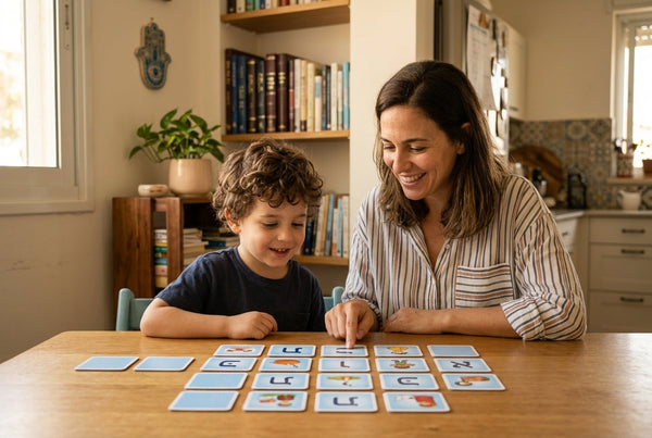 הורה וילד משחקים משחק זיכרון אותיות בבית