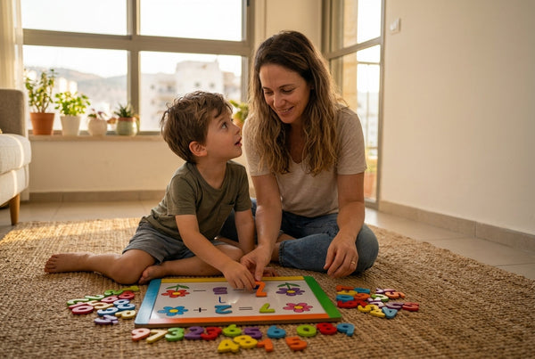 הורה וילד בכיתה א משחקים במשחק חשבון עם מספרים עד 10