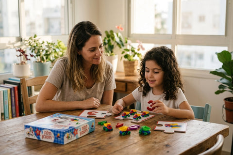 הורה וילדה משחקים תלת חשבון לתרגול חשבון בכיתה ב