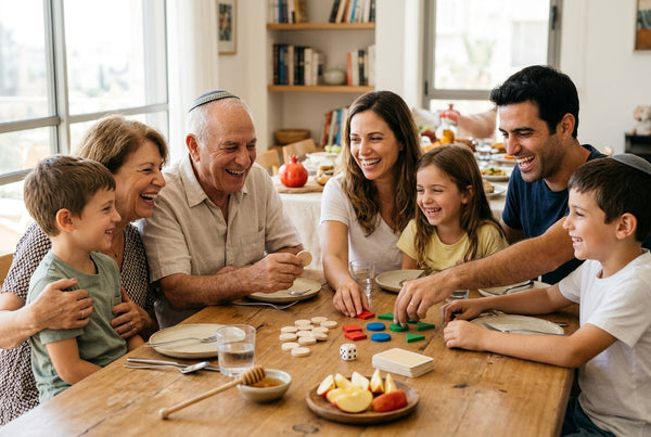 משפחה ישראלית משחקת משחק קופסה סביב שולחן חג בראש השנה