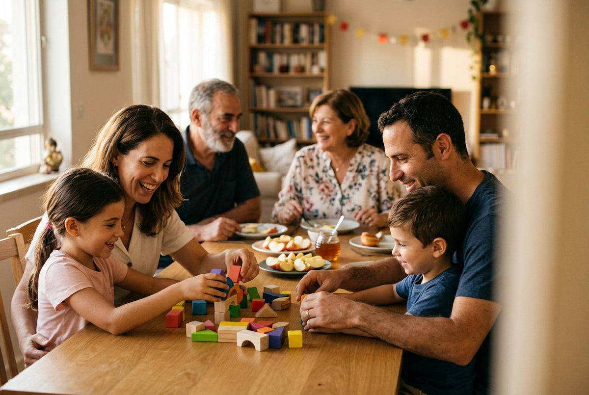 משפחה ישראלית פותחת מתנה לילדים לראש השנה סביב שולחן החג