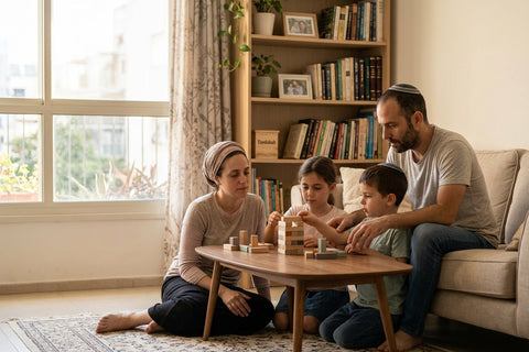 משפחה ישראלית משחקת משחק קופסה שקט בבית ביום כיפור