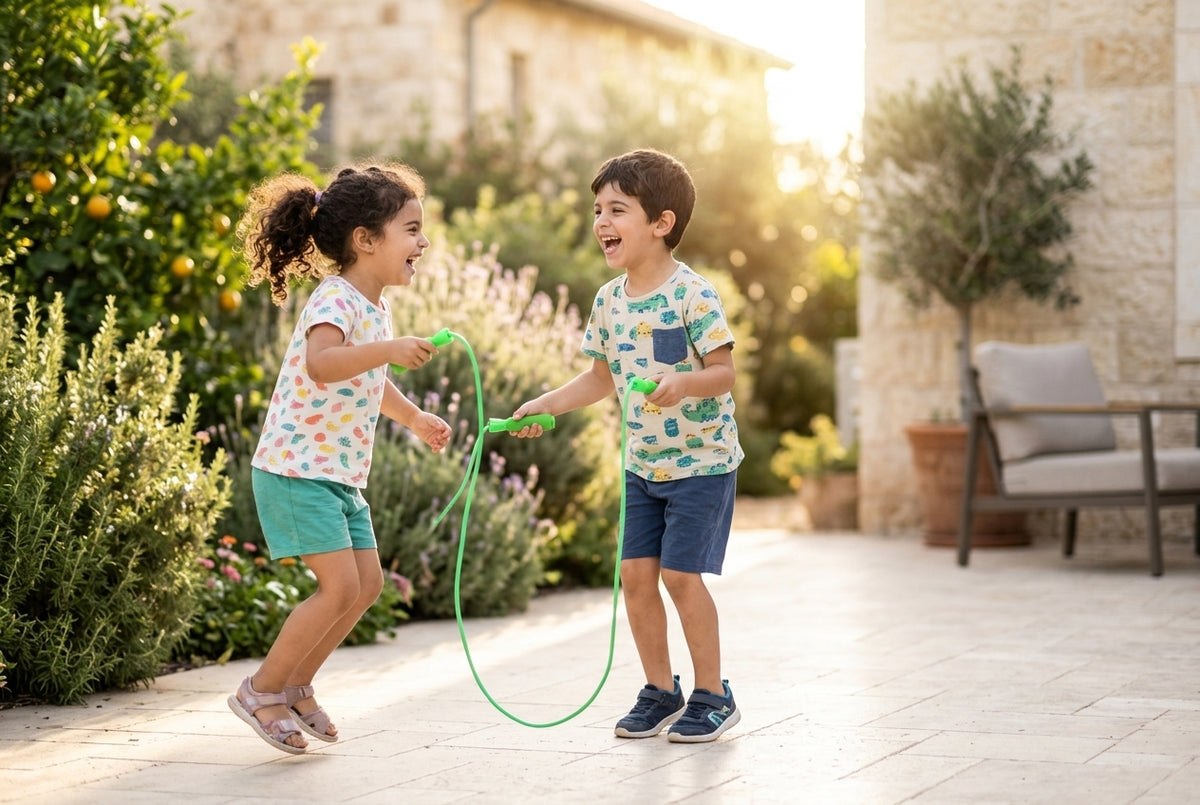 שני ילדים צוחקים ומשחקים בחבל קפיצה צבעוני בחצר - פעילות קבוצתית לילדים