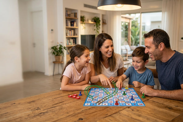 משפחה צוחקת ומשחקת יחד במשחק קופסה שיתופי סביב השולחן