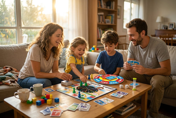 משפחה ישראלית משחקת יחד משחק קופסה בסלון
