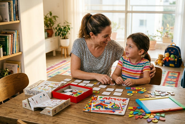 הורה וילד משחקים במשחקי הכנה לכיתה א ליד שולחן בבית