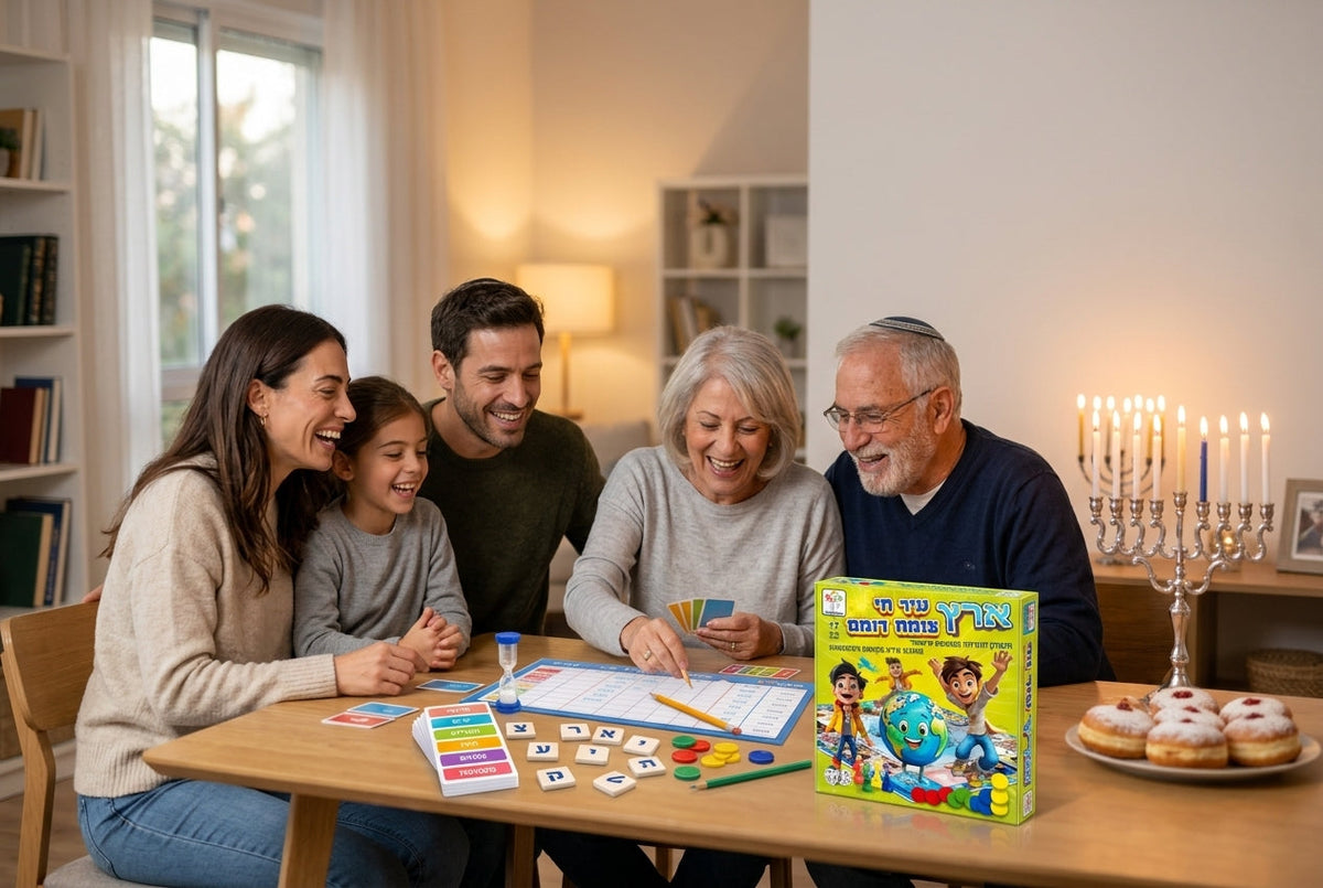 משפחה ישראלית משחקת משחק קופסה אחרי הדלקת נרות חנוכה