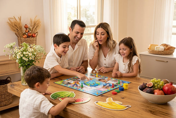 משפחה ישראלית משחקת ארץ עיר ופאזל פירות בשולחן ביתי, אווירת חג שבועות
