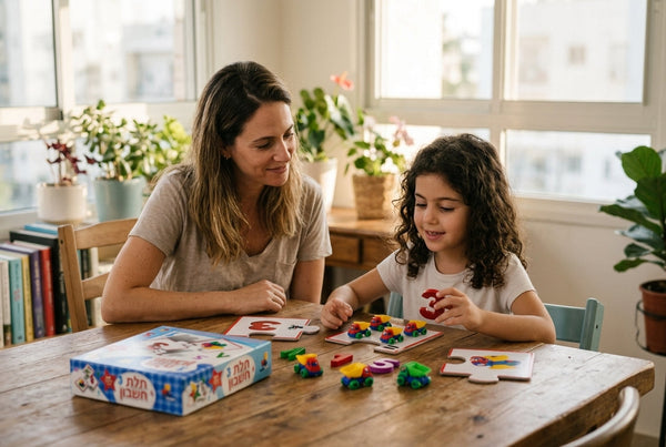 הורה וילדה משחקים תלת חשבון לתרגול חשבון בכיתה ב