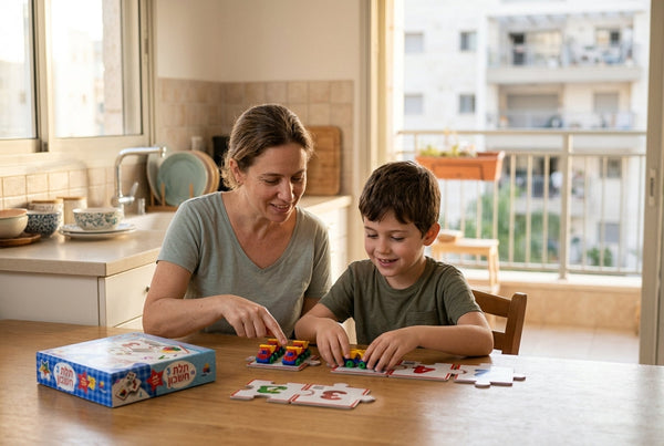 הורה וילד בכיתה ג מתרגלים לוח הכפל בעזרת משחק חשבון בבית