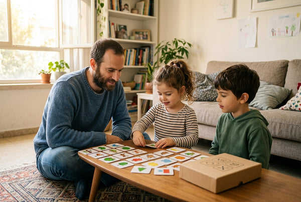 הורה ושני ילדים משחקים משחק זיכרון לילדים בסלון ביתי
