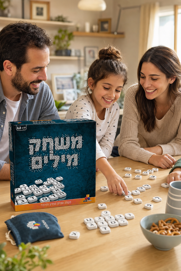 משפחה משחקת במשחק מילים סביב שולחן הבית