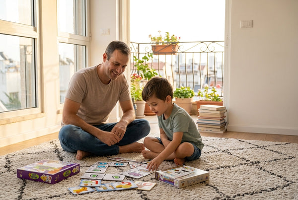 הורה וילד מתרגלים אותיות וצלילים בבית לקראת כיתה א