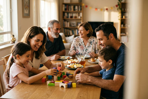 משפחה ישראלית פותחת מתנה לילדים לראש השנה סביב שולחן החג