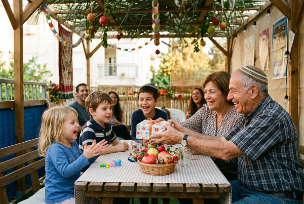 ילדים ישראלים מקבלים מתנות לסוכות בסוכה משפחתית
